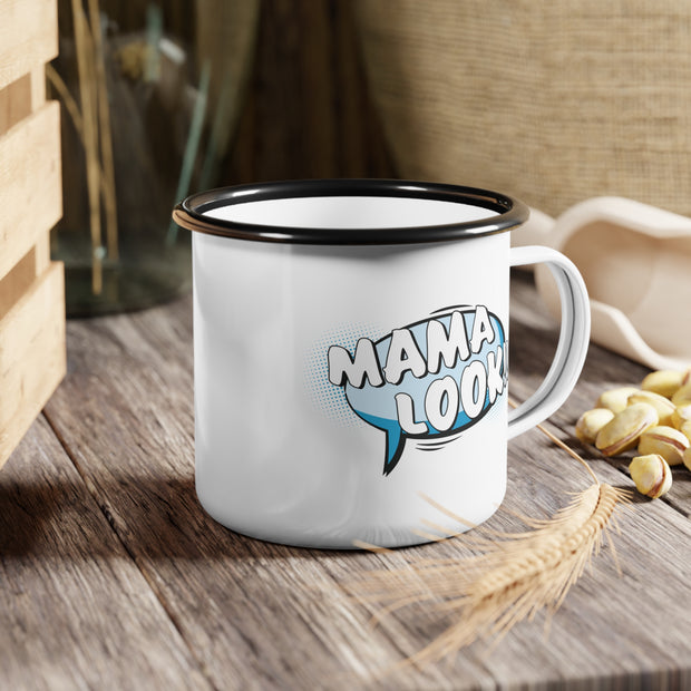 White mug with black rim and handle featuring 'MAMA LOOK!!' text in a comic book style speech bubble on a white background.