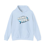 Light blue hoodie with 'MAMA LOOK!!' graphic