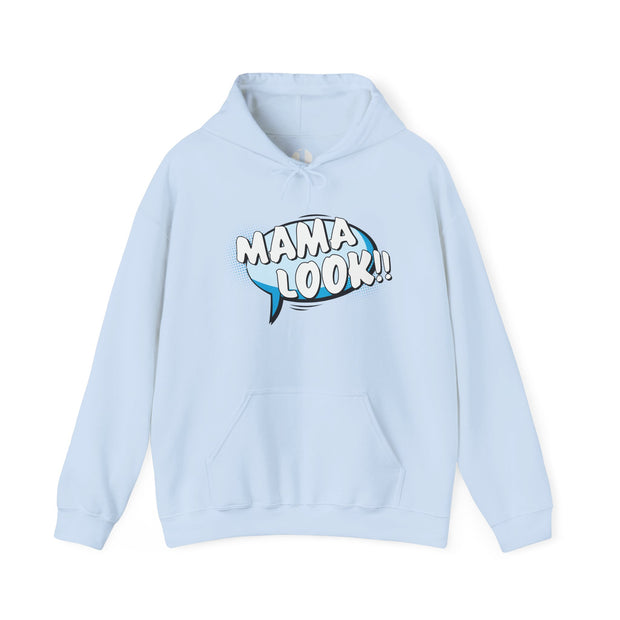 Light blue hoodie with 'MAMA LOOK!!' graphic