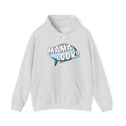 Gray hoodie with 'MAMA LOOK!!' graphic on a white background