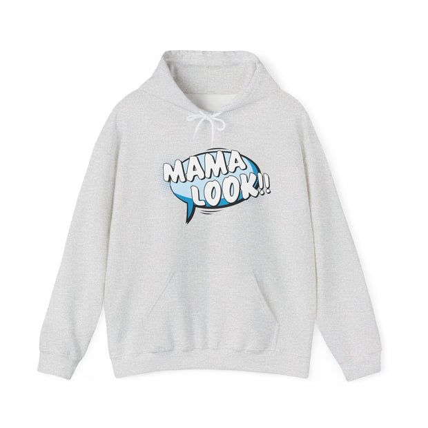 Gray hoodie with 'MAMA LOOK!!' graphic on a white background