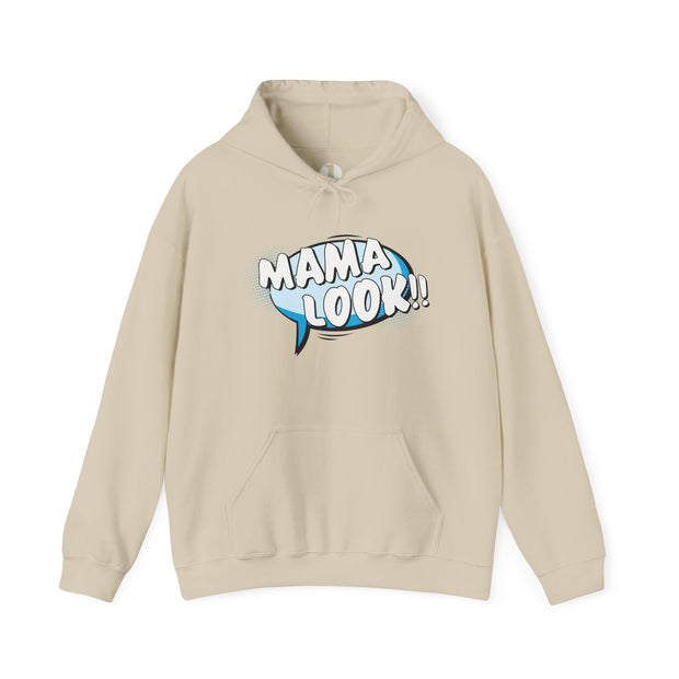 Beige hoodie with 'MAMA LOOK!!' graphic on a white background