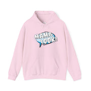 Pink hoodie with 'MAMA LOOK!!' graphic on a white background