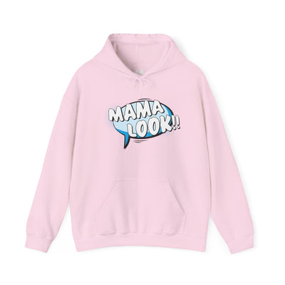 Pink hoodie with 'MAMA LOOK!!' graphic on a white background