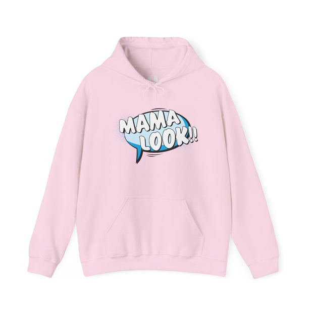 Pink hoodie with 'MAMA LOOK!!' graphic on a white background