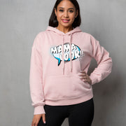 Woman wearing soft pink hoodie with 'MAMA LOOK' graphic on a gray background