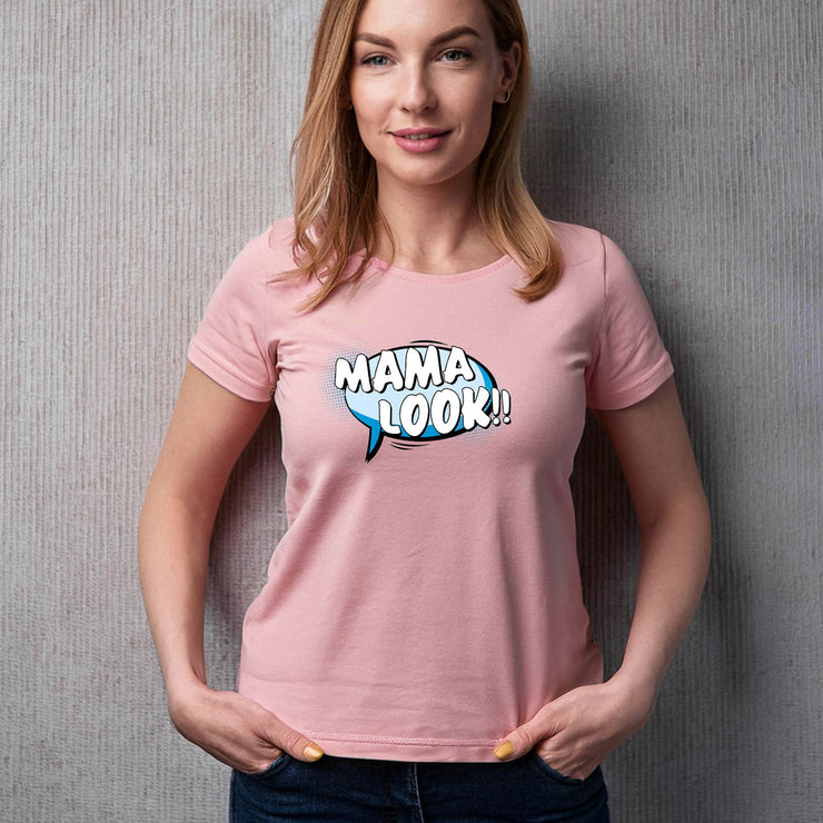 Soft pink womens tee for boy moms with Mama Look graphic