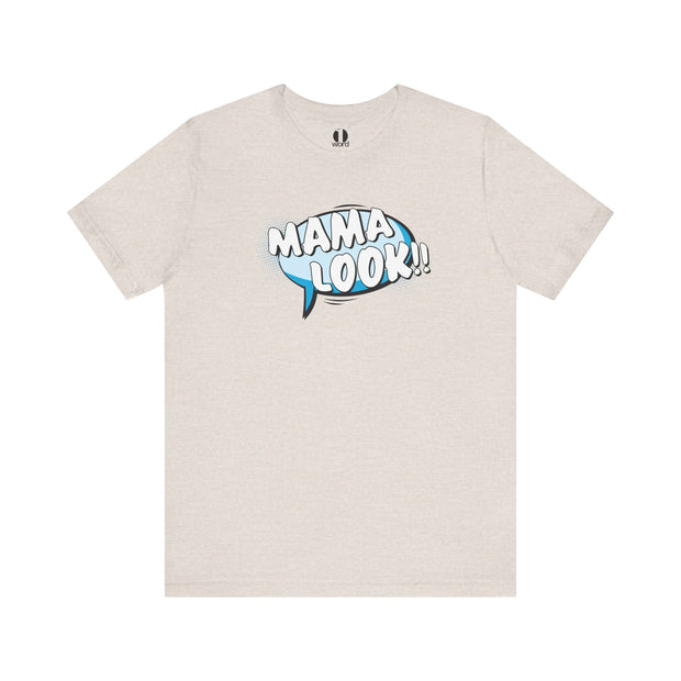 Beige t-shirt with 'MAMA LOOK' graphic on a white background
