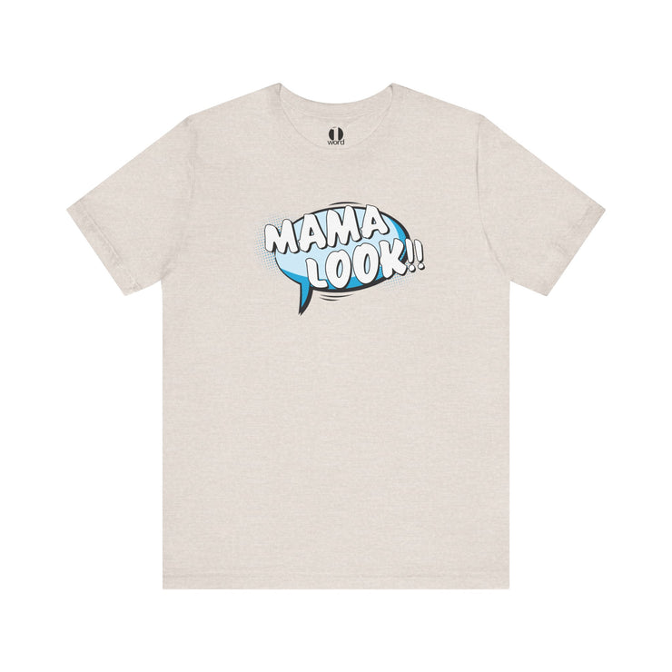 Beige t-shirt with 'MAMA LOOK' graphic on a white background