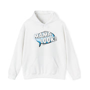 White hoodie with 'MAMA LOOK!!' graphic on a white background