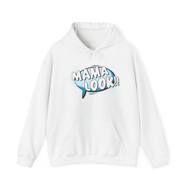White hoodie with 'MAMA LOOK!!' graphic on a white background