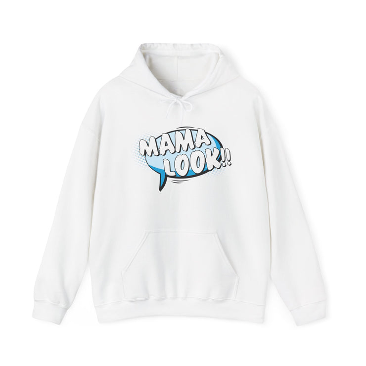 White hoodie with 'MAMA LOOK!!' graphic on a white background