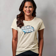 Woman wearing a natural t-shirt with 'MAMA LOOK!!' text on a gray background
