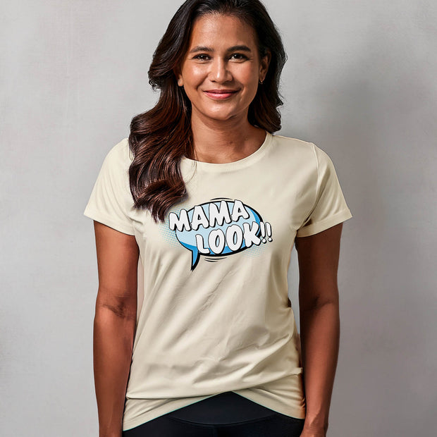 Woman wearing a natural t-shirt with 'MAMA LOOK!!' text on a gray background