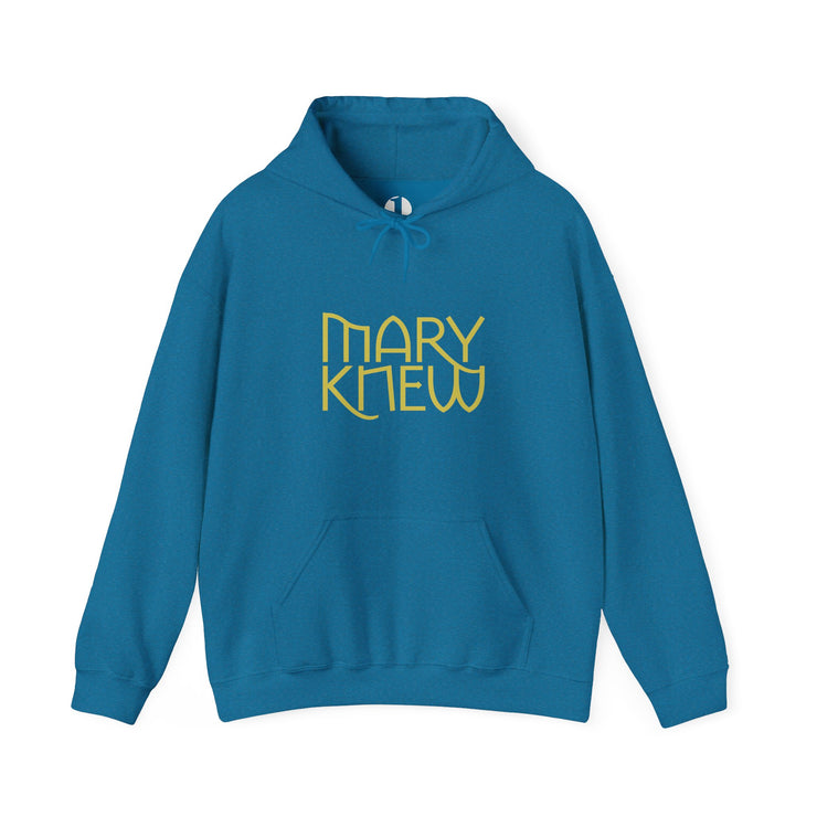 Blue hoodie with 'MARY KNEW' text on a white background