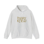 Gray hoodie with 'MARY KNEW' text on a white background