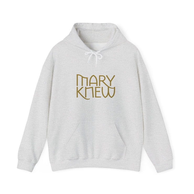 Gray hoodie with 'MARY KNEW' text on a white background