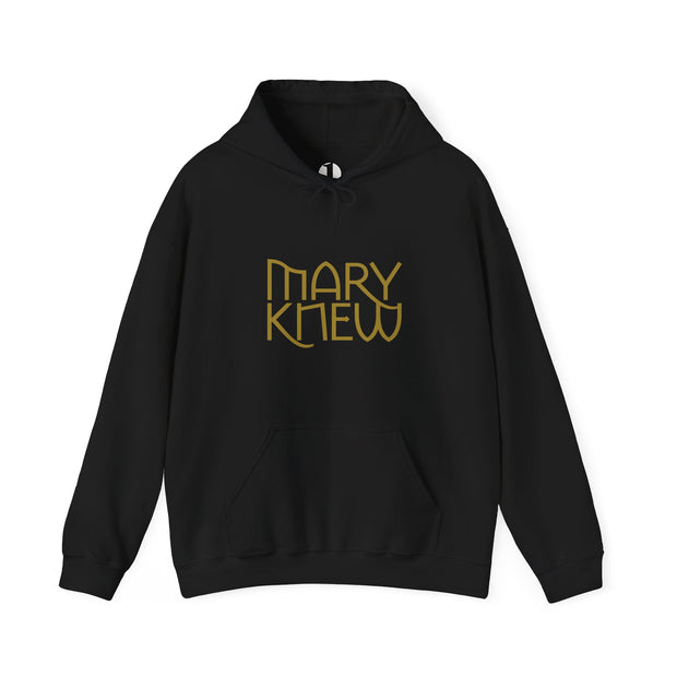 Black hoodie with 'MARY KNEW' text in gold on a white background