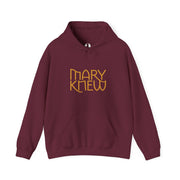 Maroon hoodie with 'MARY KNEW' text in gold on a white background