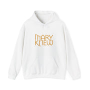 White hoodie with 'MARY KNEW' text in gold on a white background