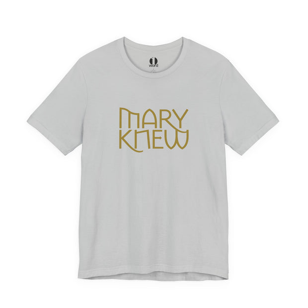 Athletic gray t-shirt with 'MARY KNEW' text in yellow on a white background