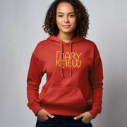 Female wearing a red hoodie with 'Mary Knew' text on a gray background