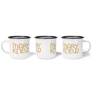 White mug with black rim and text 'Mary Knew' graphic