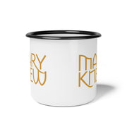 White mug with black rim and text 'Mary Knew' graphic