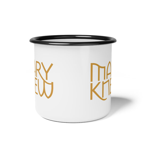 White mug with black rim and text 'Mary Knew' graphic