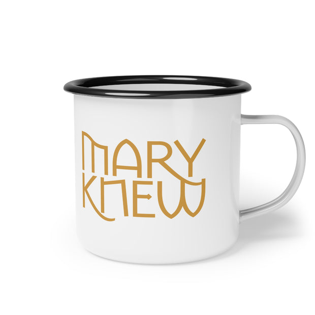 White mug with black rim and text 'Mary Knew' graphic
