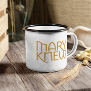 White mug with black rim and text 'Mary Knew' graphic
