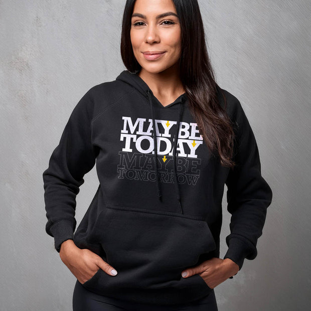 Black pullover hoodie with Maybe Today Maybe Tomorrow graphic based on Matthew 24