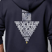 Navy blue pullover hoodie with Maybe Today Maybe Tomorrow graphic based on Matthew 24