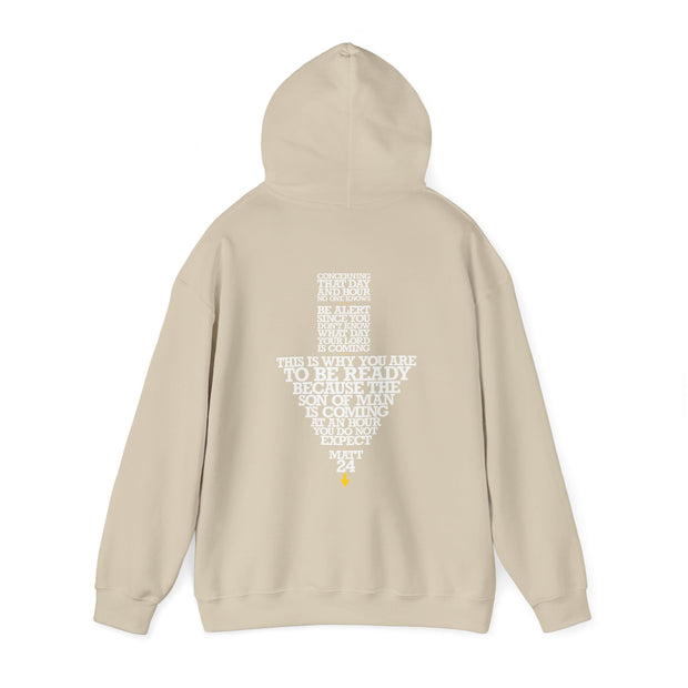 Sand pullover hoodie with Maybe Today Maybe Tomorrow graphic based on Matthew 24