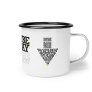 White campsite mug with Maybe Today Maybe Tomorrow graphic based on Matthew 24