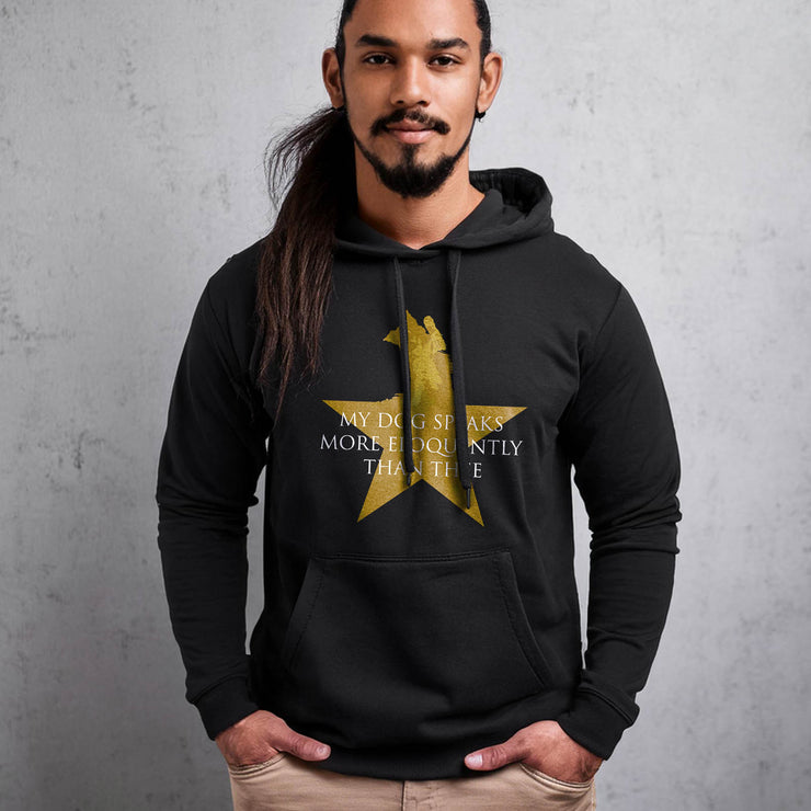 Black pullover hoodie with Hamilton-inspired graphic saying My Dog Speaks More Eloquently Than Thee
