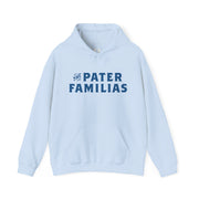 Light blue hoodie with 'The Pater Familias' text on a white background