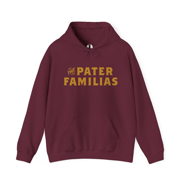 Maroon hoodie with 'The Pater Familias' text in gold on a white background
