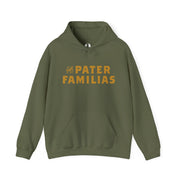 Green hoodie with 'The Pater Familias' text on a white background