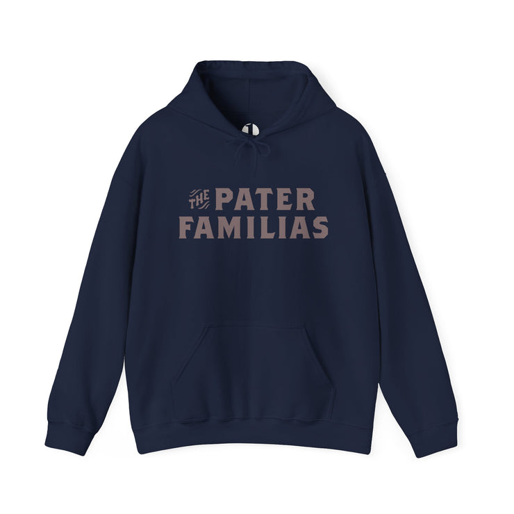 Navy blue hoodie with 'The Pater Familias' text on a white background