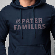 Navy blue hoodie with 'The Pater Familias' text on a gray background