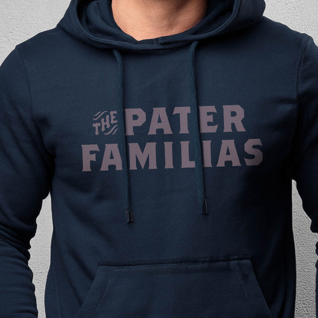 Navy blue hoodie with 'The Pater Familias' text on a gray background