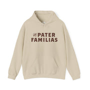 Beige hoodie with 'The Pater Familias' text on a white background