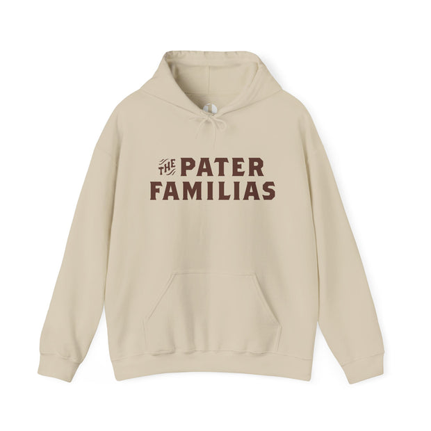 Beige hoodie with 'The Pater Familias' text on a white background