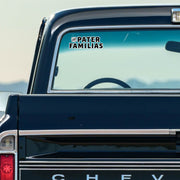 Pater Familias vinyl decal on truck window