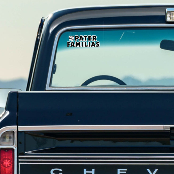 Pater Familias vinyl decal on truck window
