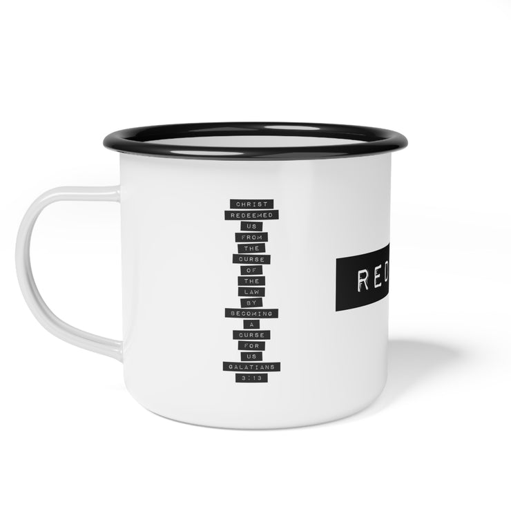 White campsite mug with REDEEMED graphic based on Galatian 3:13
