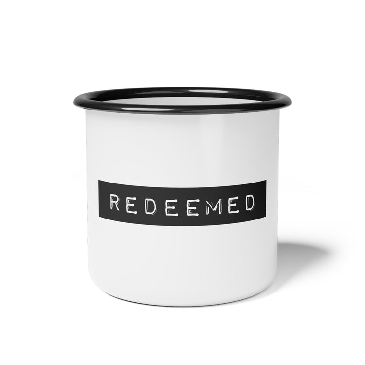 White campsite mug with REDEEMED graphic based on Galatian 3:13