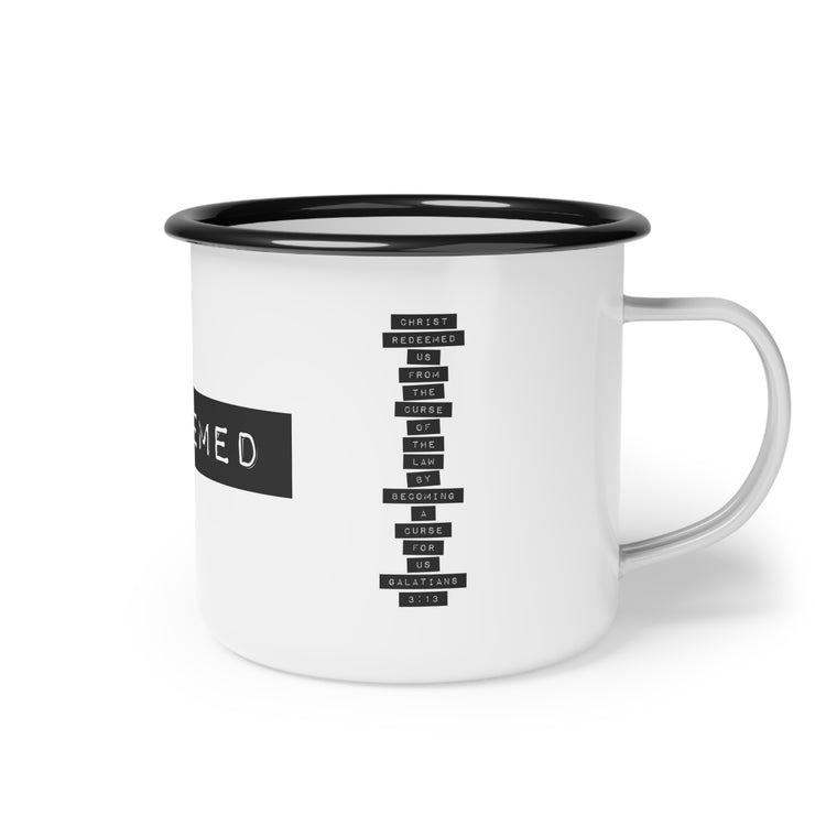 White campsite mug with REDEEMED graphic based on Galatian 3:13