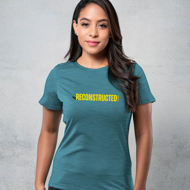 Woman wearing deep teal heather T-shirt with yellow RECONSTRUCTED text and Psalm 73 reference